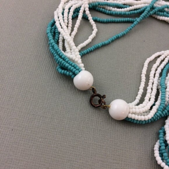 Blue and White Multi Strand Beaded Necklace with Metal Striped Bangle Bracelet - Picture 11 of 12